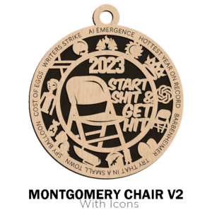A wooden ornament featuring various icons and the text "Montgomery Brothers Chair" along with references to events and phenomena such as a labor strike, heatwave, and artificial intelligence from Brothers DooDads.