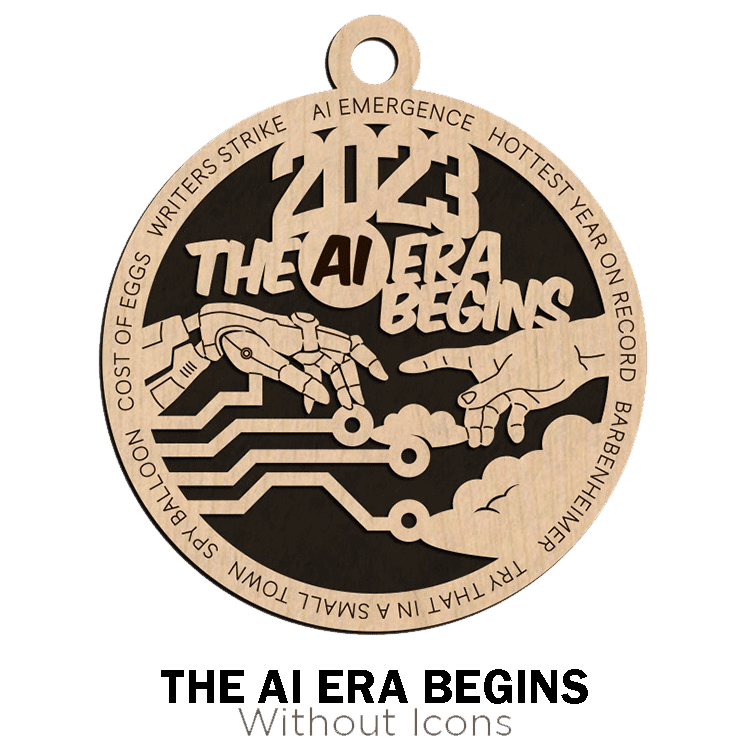 Ornament with intricate design and text proclaiming "the ai era begins," surrounded by various events and a robotic hand reaching towards a human hand from Brothers DooDads.