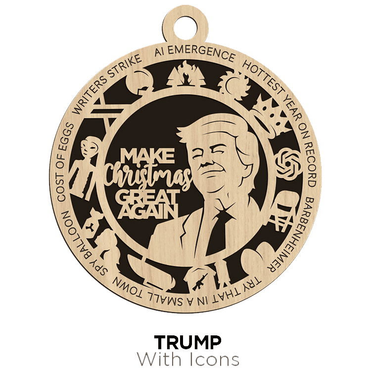 Wooden christmas ornament featuring a silhouette of two brothers with text and various icons surrounding the ornament from Brothers DooDads.