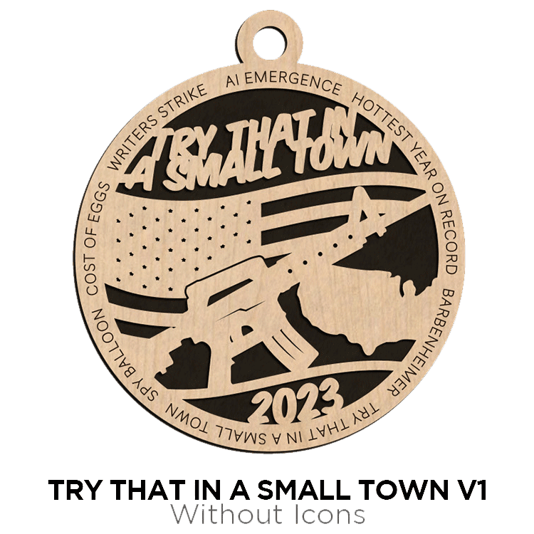 Ornament with intricate cut-out design featuring a runner, trees, and buildings, commemorating "try that in a small town v1" event of 2022 from Brothers DooDads.