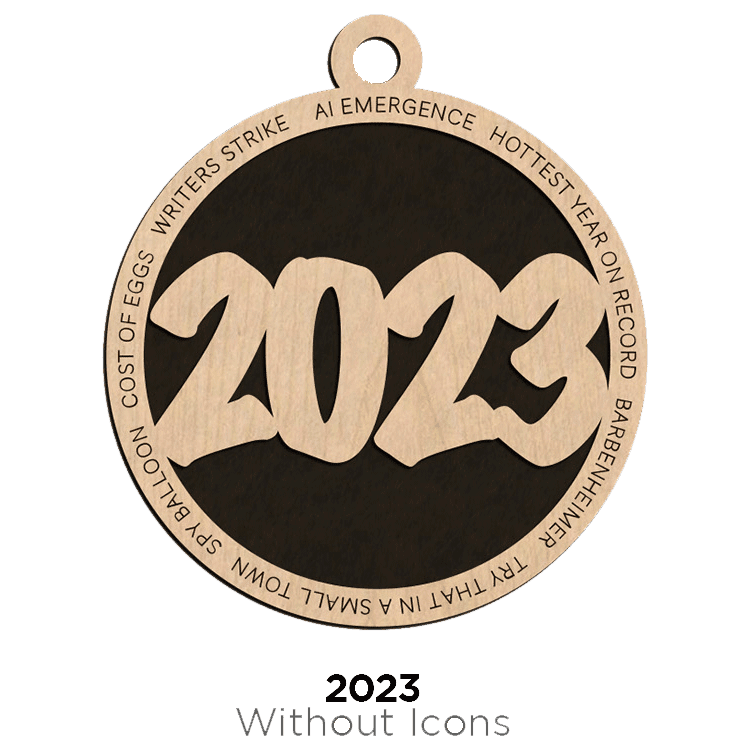 A round ornament with "2023" cut out in the center surrounded by various phrases and DooDads.